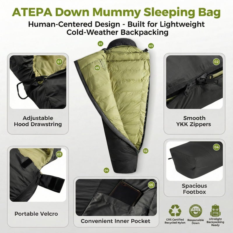 ATEPA Down Mummy Sleeping Bag for Adults, 0 Degree 700FP Backpacking Ultralight Cold Weather Sleeping Bag with RDS Down & Recycled 15D Nylon Shell for Camping Hiking, ISO Limit 35Â°F, Black - Image 5
