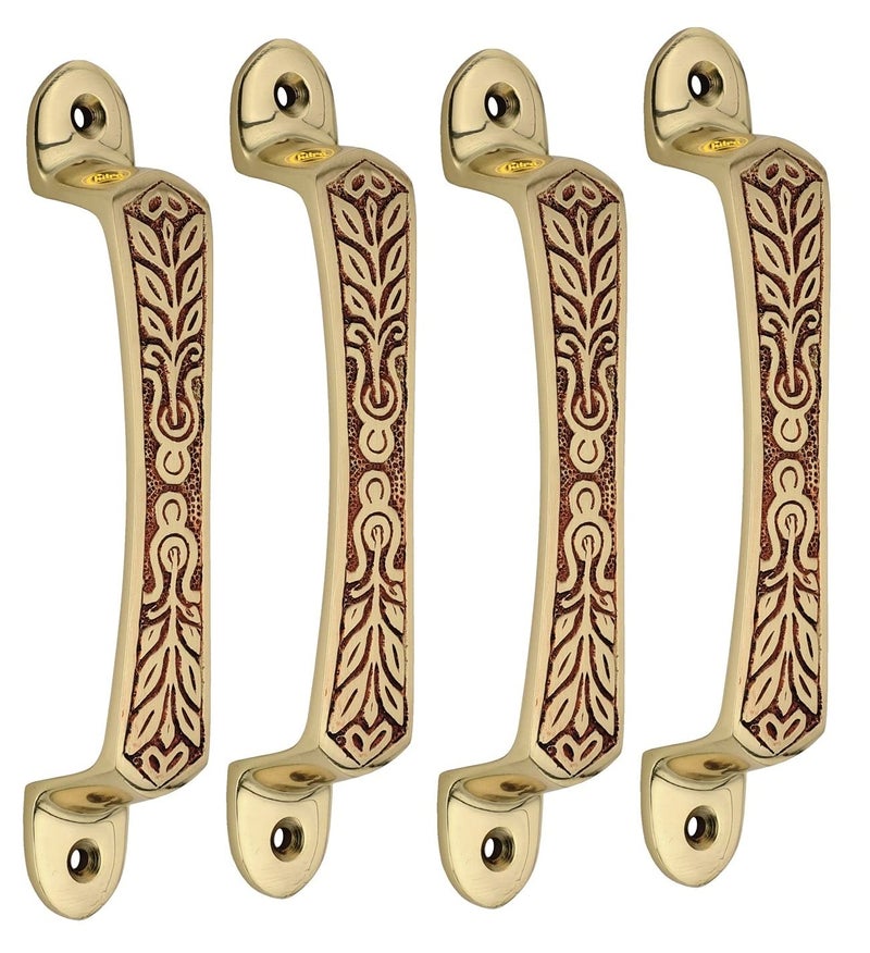 Chitra Brass Carving Series Door/Cabinet/Drawer Pull Handle Pack Of 4 (Matt Brush Golden Copper, 6 Inch) - Image 1