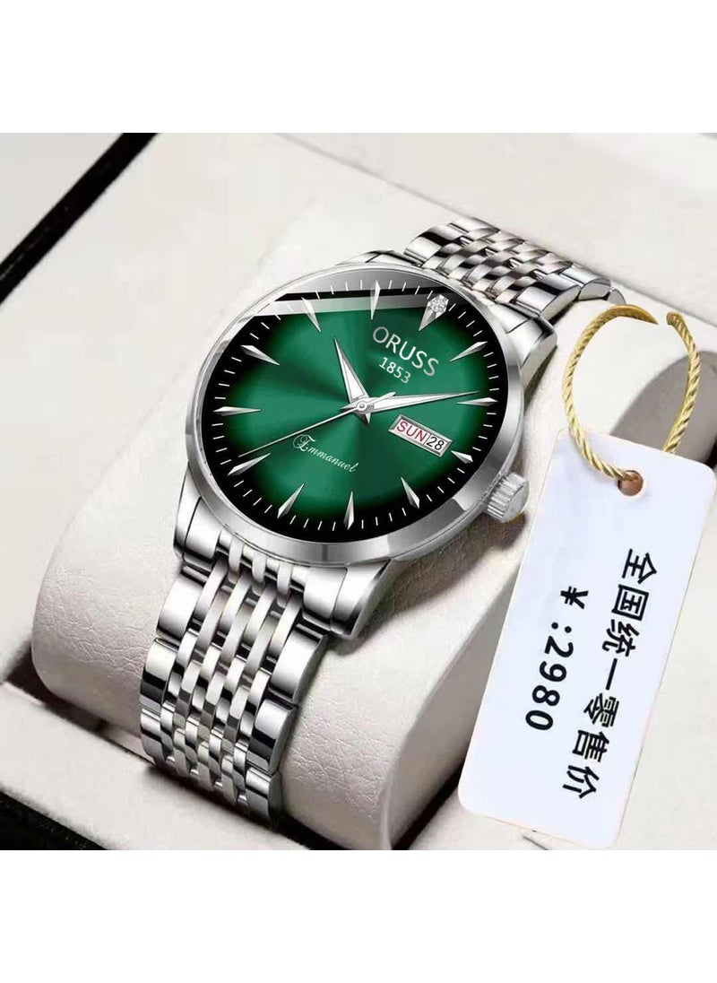 Generic Mens Waterproof Quartz Watch with Luminous Calendar New Green Bottom with Silver Edge 