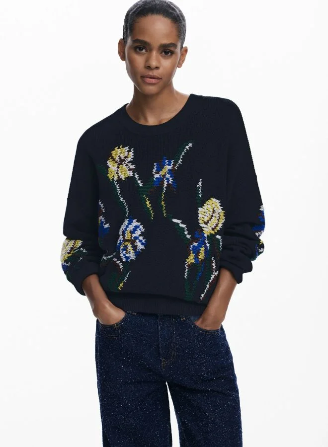 Jacquard sweater with embroidered flowers