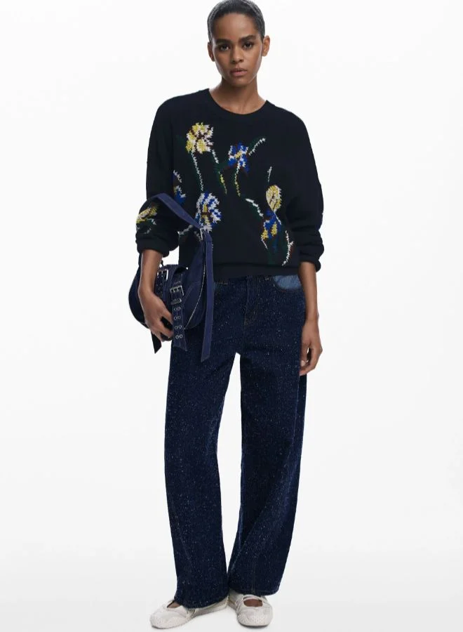 DESIGUAL Jacquard sweater with embroidered flowers