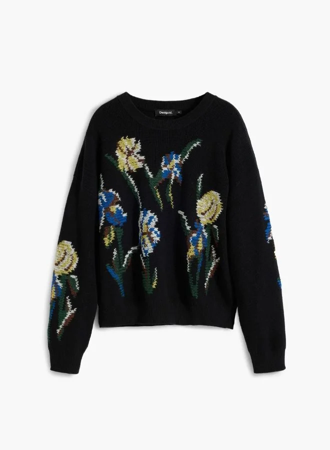 DESIGUAL Jacquard sweater with embroidered flowers
