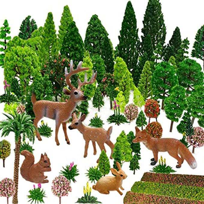 OrgMemory Mixed Model Trees, 70pcs, 1.5-6 inch(4-16 cm), Ho Scale Bushes with Animals Figures, Plastic Trees for Projects, Model Train Scenery - Image 1