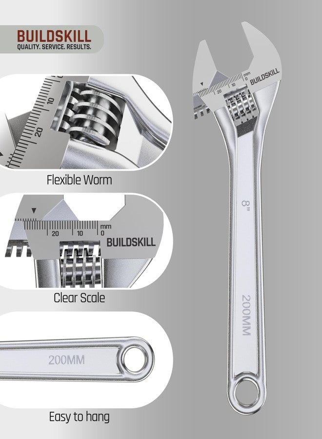 BUILDSKILL 8" 200mm Adjustable wrench | Chrome Vanadium Steel | Professional & Home Use | Single sided | Rust resistant plumbing tools | Adjustable spanner with lasered scale (6 months warranty) - Image 4