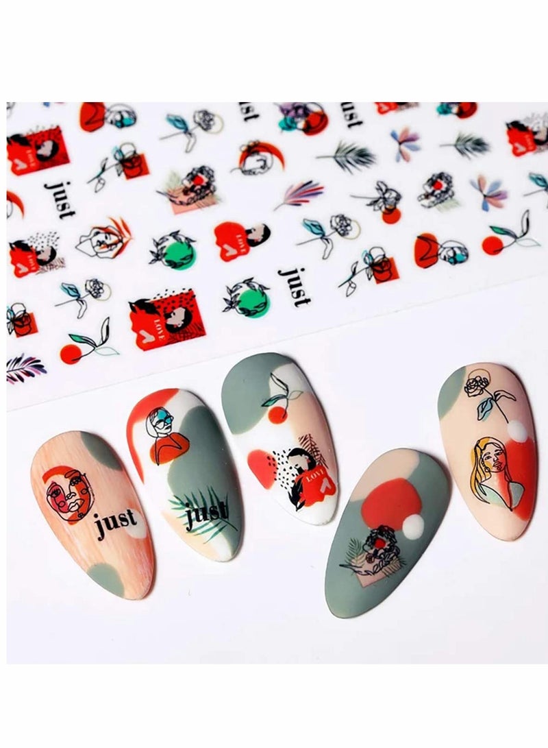SOLARAE Graffiti Fun Nail Art Stickers Abstract Nail Decals 3D Self Adhesive Abstract Lady Face Rose Leaf Nail Design Manicure Tips Nail Decoration for Women Girls Kids 6 Sheets - Image 3
