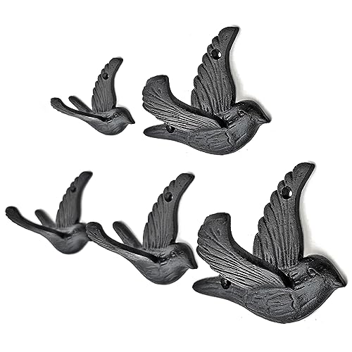 Ambipolar 5-Pack Bird Flying Style Coat Hooks, Vintage Black Hooks for Coats, Hats, and More, Sturdy Cast Iron Construction, Rustic Farmhouse Theme, Easy Installation Versatile and Durable - Image 1