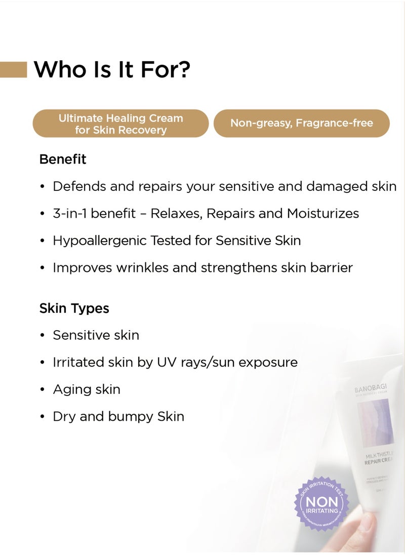 Banobagi Milk Thistle Repair Cream  Korean Skin Care Face Moisturizer Face Cream for Women & Men Korean Moisturizer Barrier Repair Cream Centella Asiatica & 50% Burdock Root Extract 50ml  - Image 2