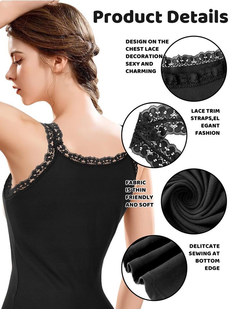 BOARDFEB 3PCS Lace Camisole Tank Tops Womens Cami Undershirt Sleeveless Ribbed Tank Black White Brown L - Image 5