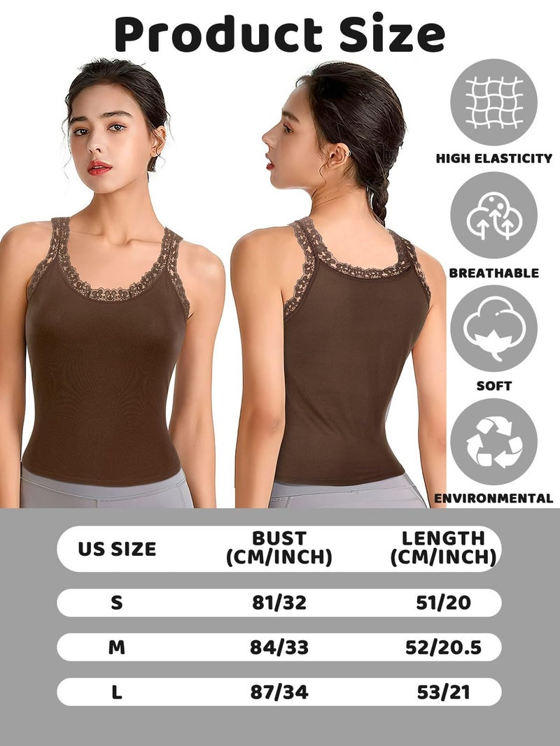 BOARDFEB 3PCS Lace Camisole Tank Tops Womens Cami Undershirt Sleeveless Ribbed Tank Black White Brown L - Image 4