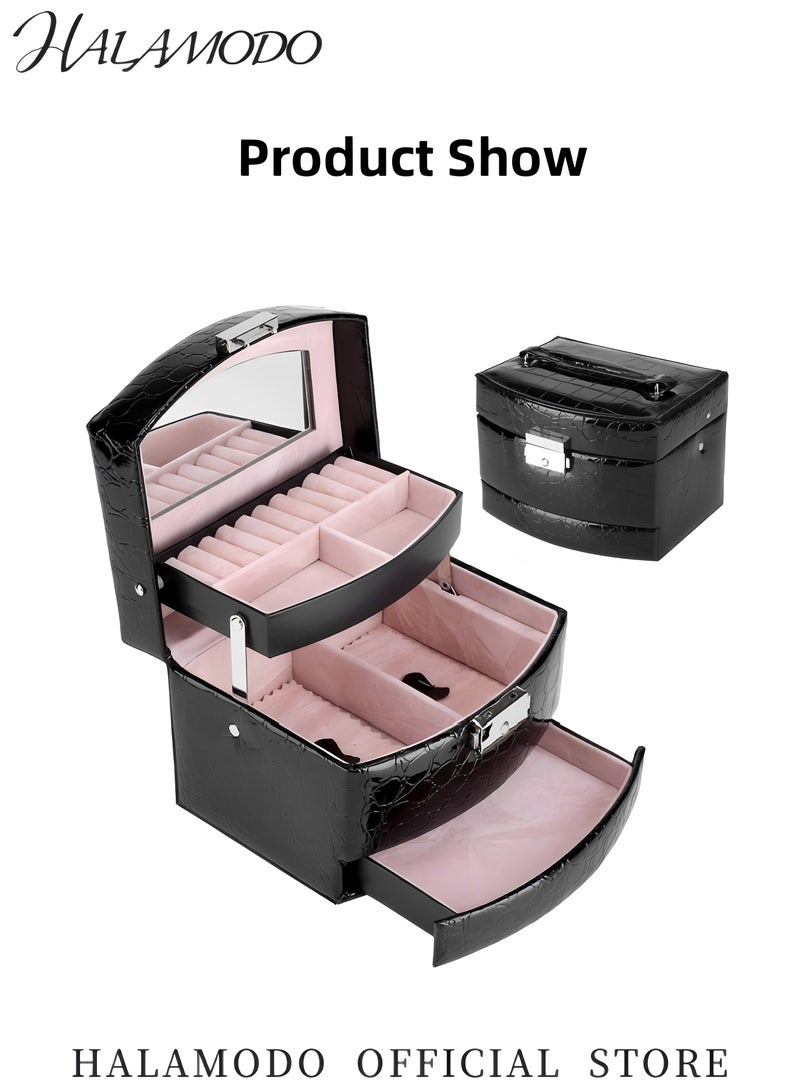 HALAMODO Women's High-End Leather Jewelry Box Equipped with Built-in Mirror Three Layer Jewelry Carrying Case Large Capacity Jewelry Storage Box Jewelry Accessories for Earrings & Rings & Necklaces - Image 2