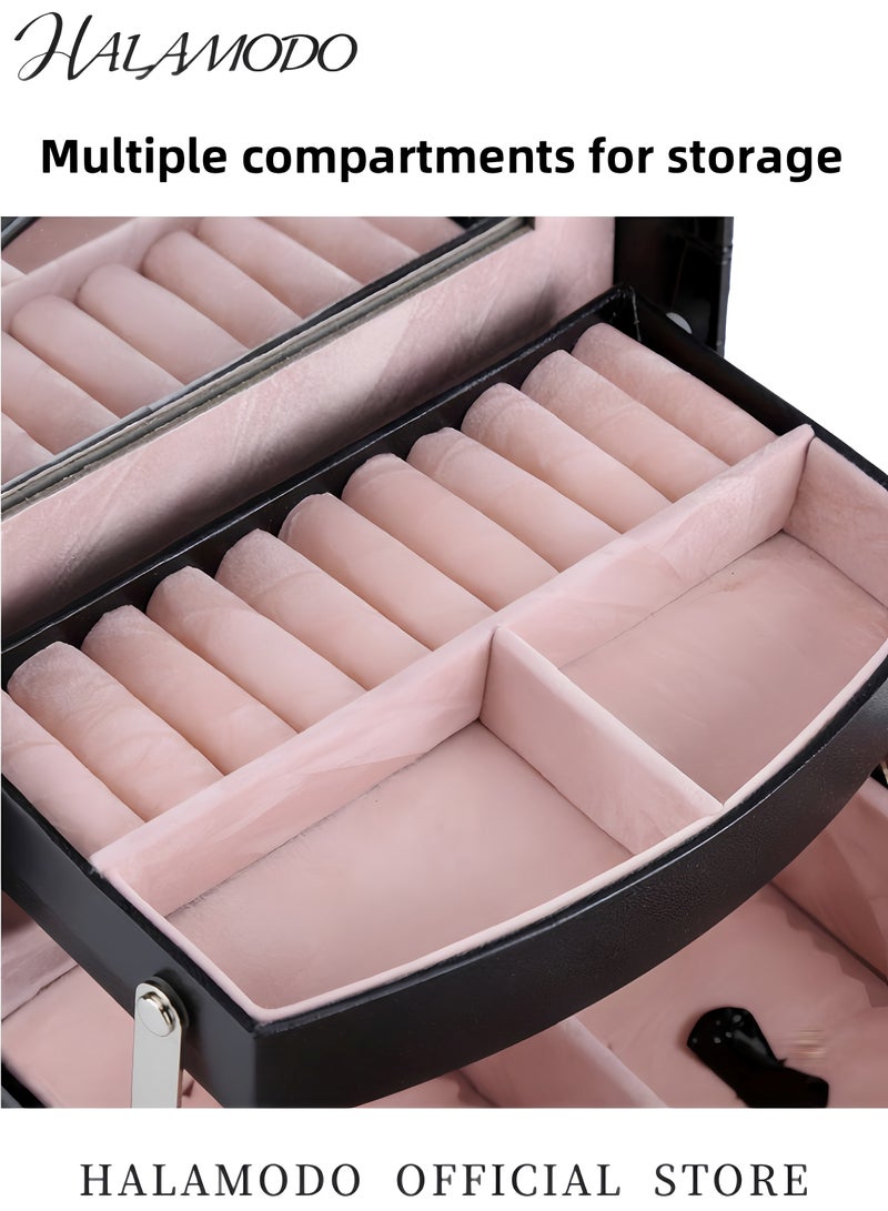 HALAMODO Women's High-End Leather Jewelry Box Equipped with Built-in Mirror Three Layer Jewelry Carrying Case Large Capacity Jewelry Storage Box Jewelry Accessories for Earrings & Rings & Necklaces - Image 3