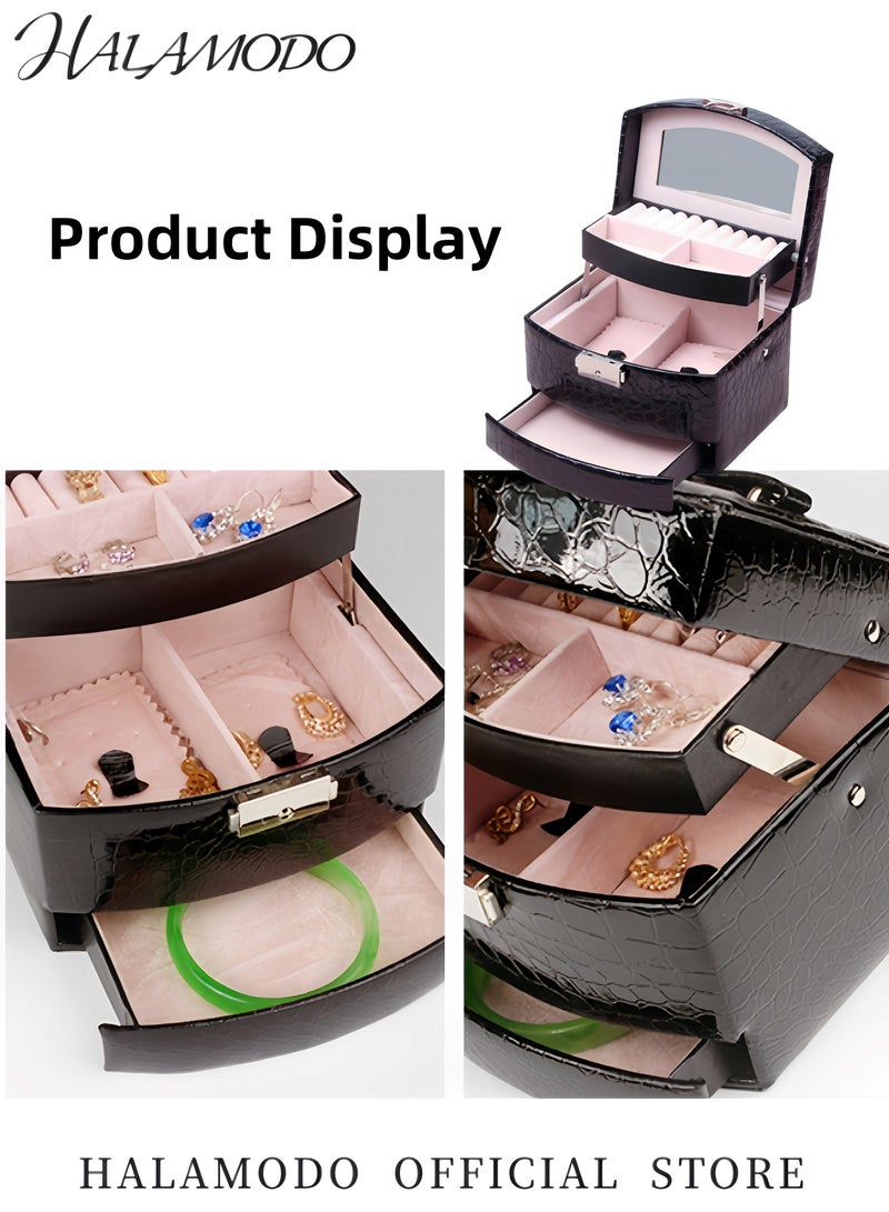 HALAMODO Women's High-End Leather Jewelry Box Equipped with Built-in Mirror Three Layer Jewelry Carrying Case Large Capacity Jewelry Storage Box Jewelry Accessories for Earrings & Rings & Necklaces - Image 5