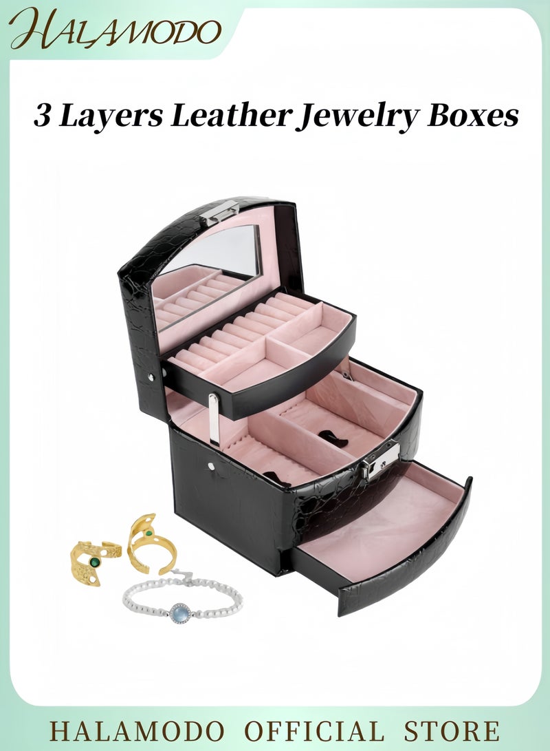 HALAMODO Women's High-End Leather Jewelry Box Equipped with Built-in Mirror Three Layer Jewelry Carrying Case Large Capacity Jewelry Storage Box Jewelry Accessories for Earrings & Rings & Necklaces - Image 1