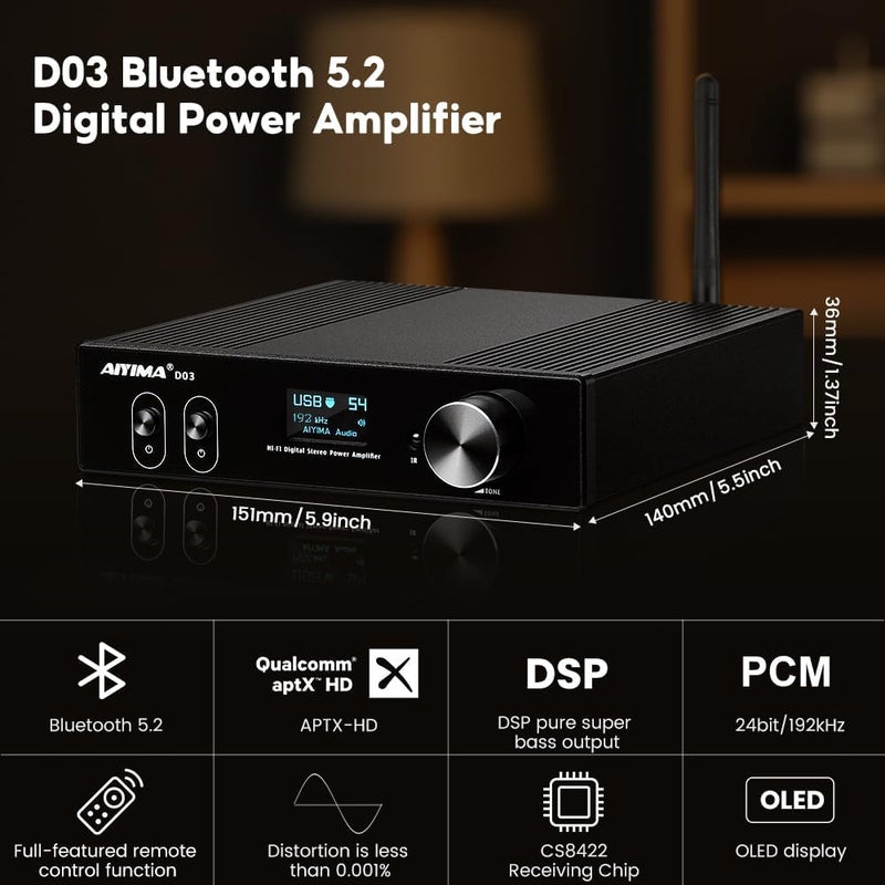 مكبر صوت AIYIMA D03 بتقنية Bluetooth 5.0، قوة 150 واط لكل منهما، نظام استريو عالي الجودة (2.1 قناة)، مكبر صوت رقمي بدقة 24 بت/192 كيلوهرتز، من الفئة D، يدعم تنسيق USB DAC، ويتميز بتقنيات الإرسال الضوئي وOLED، ويدعم استخدام السماعات الصوتية من نوع Subwoofer، مع وجود جهاز تحكم عن بعد (D03) - Image 3