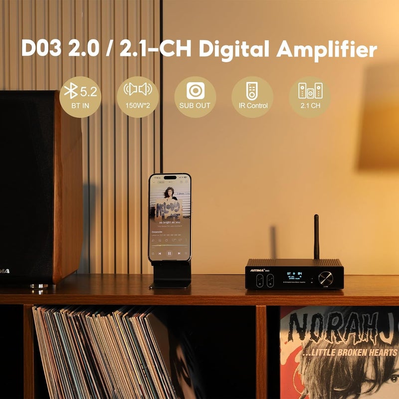 مكبر صوت AIYIMA D03 بتقنية Bluetooth 5.0، قوة 150 واط لكل منهما، نظام استريو عالي الجودة (2.1 قناة)، مكبر صوت رقمي بدقة 24 بت/192 كيلوهرتز، من الفئة D، يدعم تنسيق USB DAC، ويتميز بتقنيات الإرسال الضوئي وOLED، ويدعم استخدام السماعات الصوتية من نوع Subwoofer، مع وجود جهاز تحكم عن بعد (D03) - Image 5