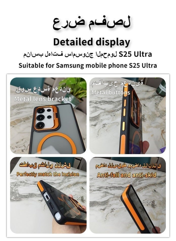غطاء هاتف مقاوم للاصفرار لسامسونج جالاكسي إس 25 الترا، مع حامل عدسة كاميرا معدني، متوافق مع ماج سيف، حماية عسكرية من السقوط، مقاوم للانزلاق والبصمات، تصميم جديد وعصري - Image 4