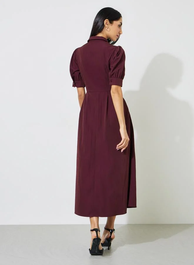 Styli  Burgundy Lapel Collar Short Puff Sleeves Shirt Maxi Dress for Women | Best Price UAE