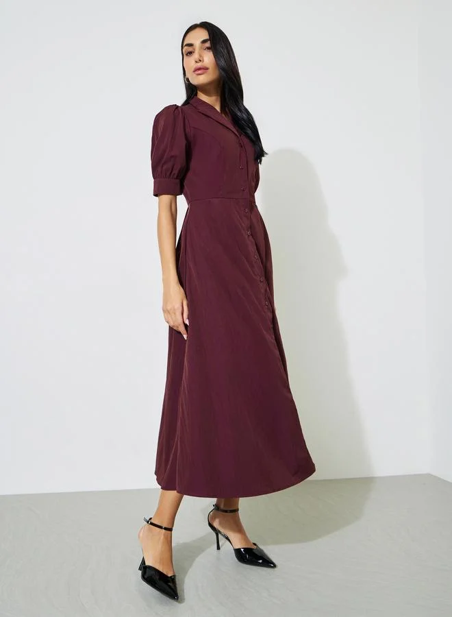 ستايلي Burgundy Lapel Collar Short Puff Sleeves Shirt Maxi Dress
