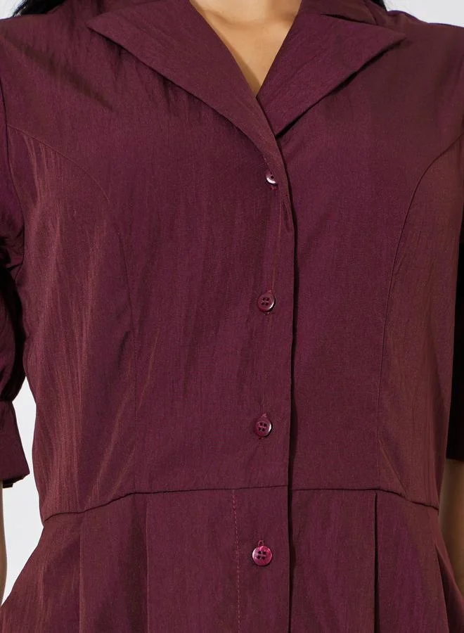 Styli  Burgundy Lapel Collar Short Puff Sleeves Shirt Maxi Dress for Women | Best Price UAE