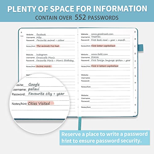 Blugool Password Book with Alphabetical Tabs, Hardcover Password Keeper, Password Notebook Organizer for Computer and Internet Address Website Login, Gifts for Home and Office, 5.3''x 7.7''- Blue - Image 4