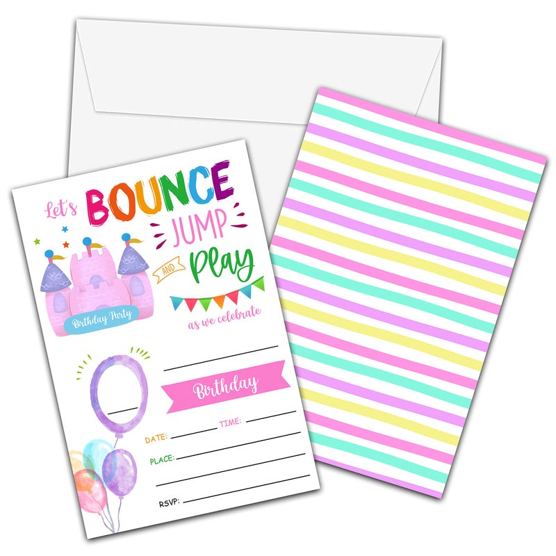 Foosproea Bounce House Birthday Invitations with Envelopes Jump Trampoline Party Invitation Card for GirlsBoys Blush Pink Fillin Invites Cards Lets Jump Party Celebration 20 Pack01