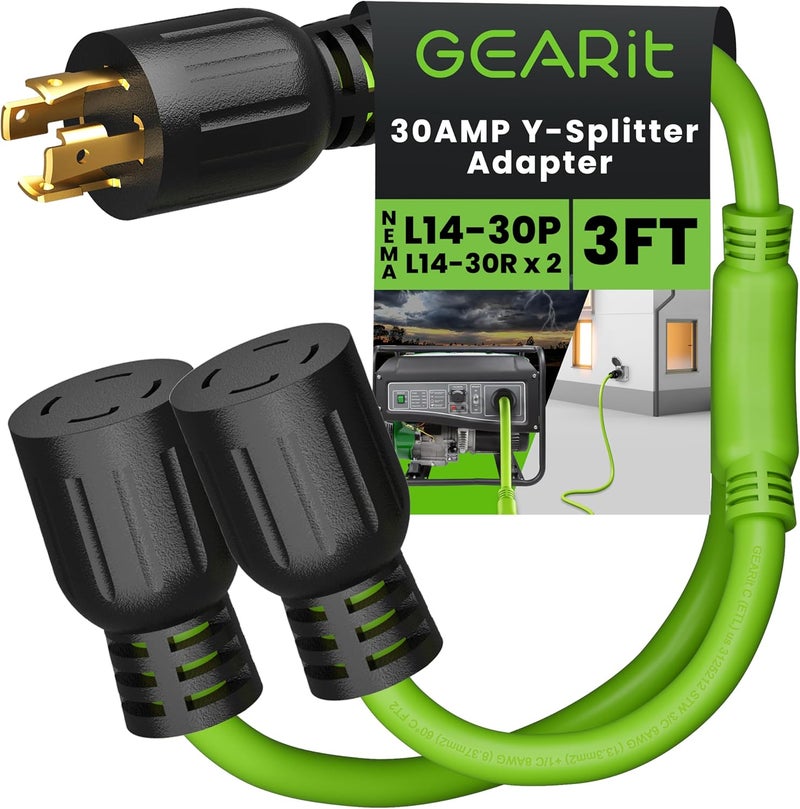 GearIT 30-Amp Generator Splitter Y Adapter Cord - NEMA L14-30P to (2) L14-30R, 4-Prong 120/250-Volt 7500W, 10 Gauge SJTW Locking Power Cord for Manual Transfer Switch, Portable Generators, Outages 3ft - Image 1
