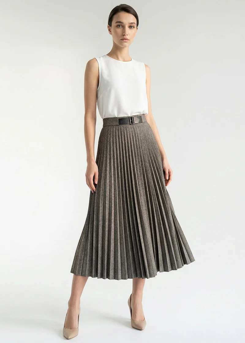 EXQUISE Herringbone Pattern Pleated High-Waisted Buckle Regular Midi Skirt