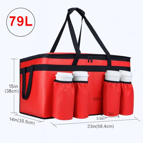 CIVJET Insulated Food Delivery Bag with 4 Cup Holder, XXX-Large Insulated Grocery Bags with Zippered Top, Cooler Bags with Drink Carrier, Food Carrier Catering Bag, Commercial Food Warmers, Red - Image 3