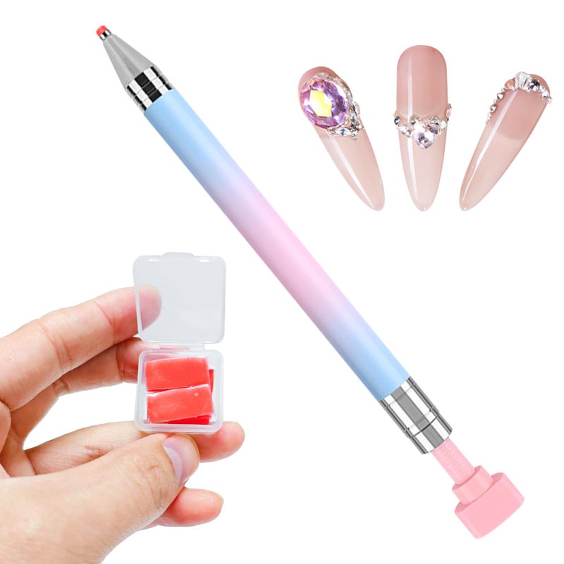 WOKOTO 1 PCS Nail Art Rhinestone Picker Pens With 1 Box Spare Silicone Clay Tool Blue Pink Gradient Rotating Push Nail Diamond Art Painting Dotting Pen Refillable Wax Pen For Nails Gems Picker Tool - Image 1