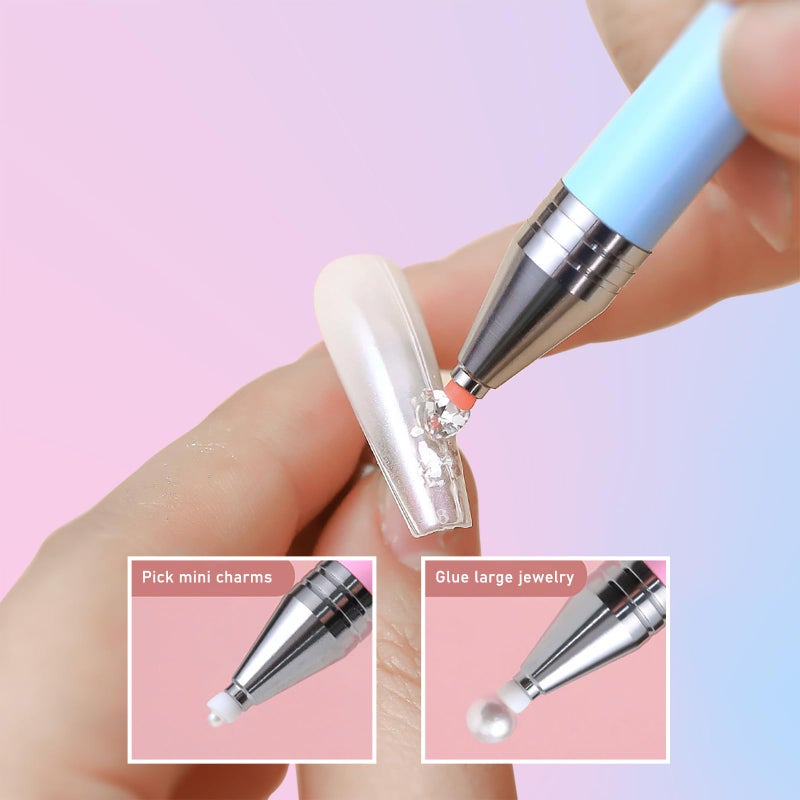 WOKOTO 1 PCS Nail Art Rhinestone Picker Pens With 1 Box Spare Silicone Clay Tool Blue Pink Gradient Rotating Push Nail Diamond Art Painting Dotting Pen Refillable Wax Pen For Nails Gems Picker Tool - Image 4