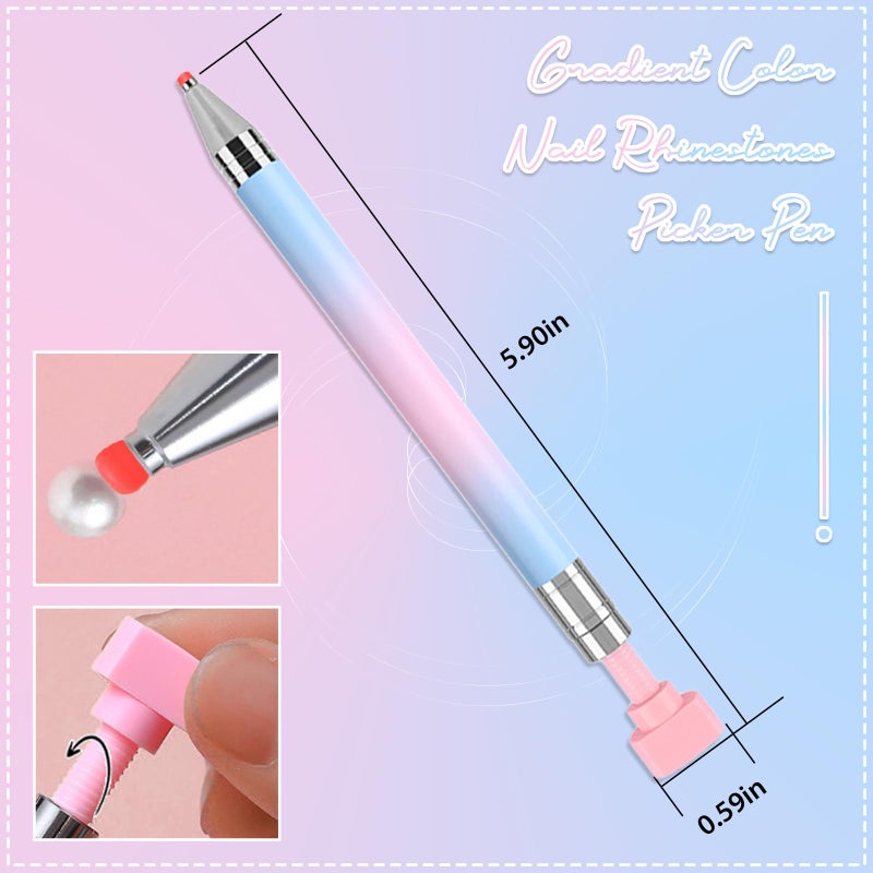 WOKOTO 1 PCS Nail Art Rhinestone Picker Pens With 1 Box Spare Silicone Clay Tool Blue Pink Gradient Rotating Push Nail Diamond Art Painting Dotting Pen Refillable Wax Pen For Nails Gems Picker Tool - Image 2