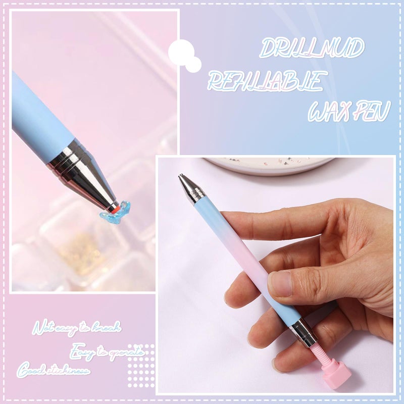 WOKOTO 1 PCS Nail Art Rhinestone Picker Pens With 1 Box Spare Silicone Clay Tool Blue Pink Gradient Rotating Push Nail Diamond Art Painting Dotting Pen Refillable Wax Pen For Nails Gems Picker Tool - Image 3
