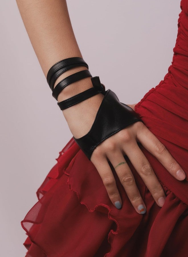 Sacina Goth Black PU Leather Fingerless Gloves, Biker Goth Punk Cosplay Gloves, Gothic Punk Accessories for Women - Image 2