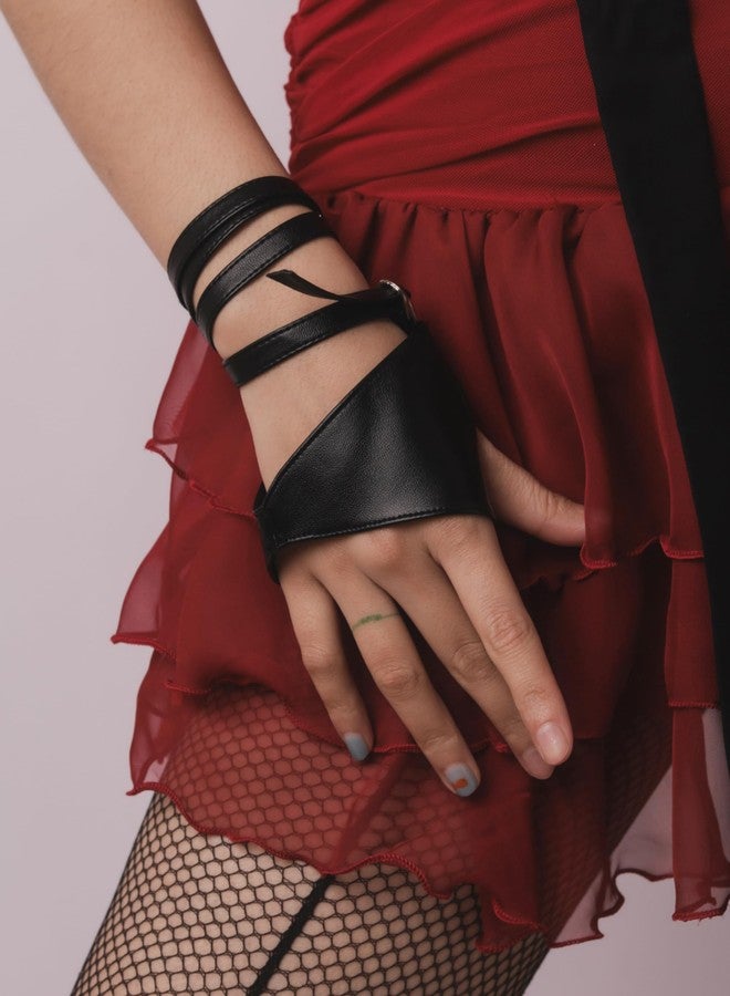 Sacina Goth Black PU Leather Fingerless Gloves, Biker Goth Punk Cosplay Gloves, Gothic Punk Accessories for Women - Image 3