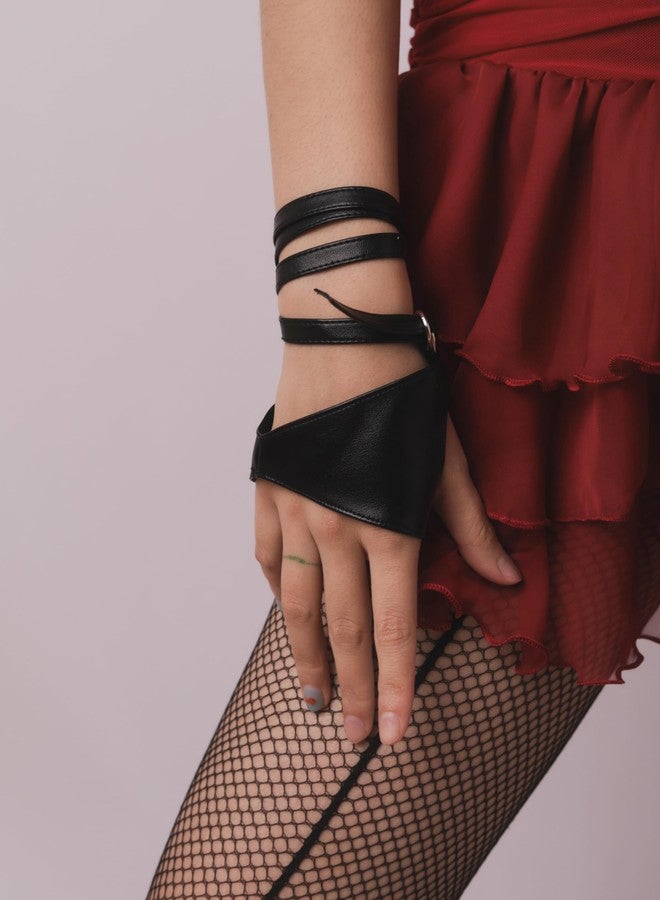 Sacina Goth Black PU Leather Fingerless Gloves, Biker Goth Punk Cosplay Gloves, Gothic Punk Accessories for Women - Image 4