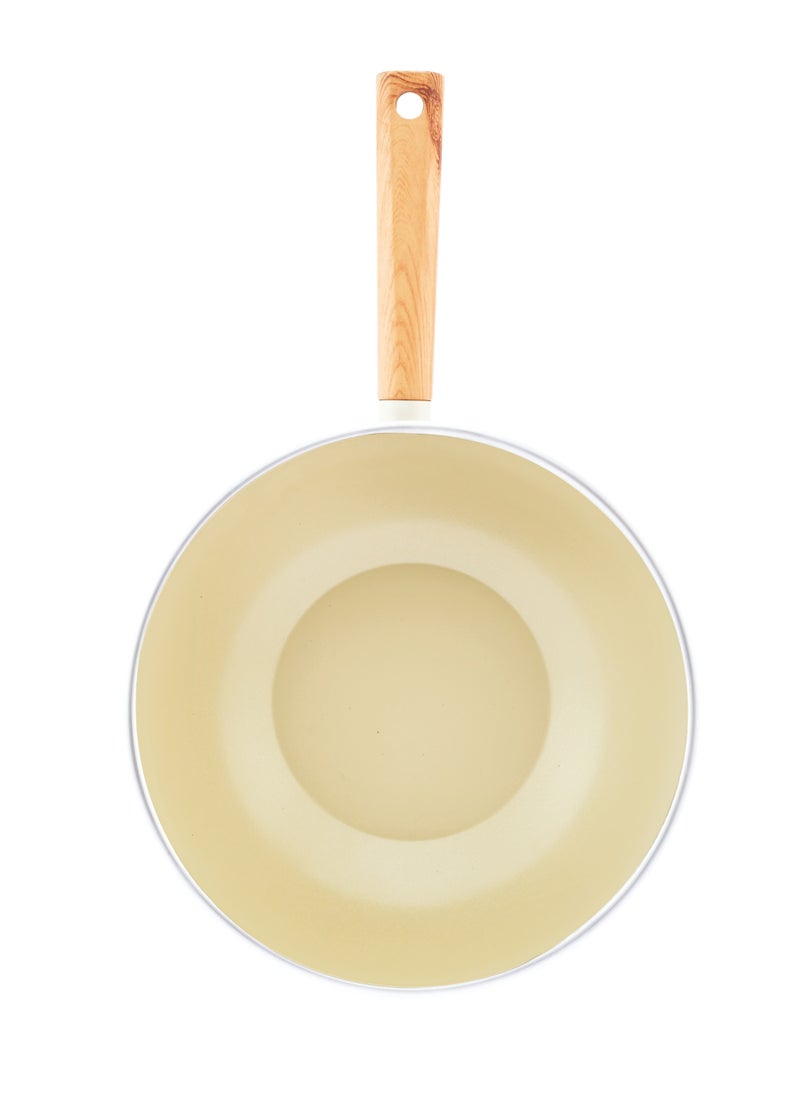 Homemaker Swiss Crystal High Quality Ceramic Coating Non-Stick Wok Pan - 28cm - Natural Wood Handle - Beige  - Image 2