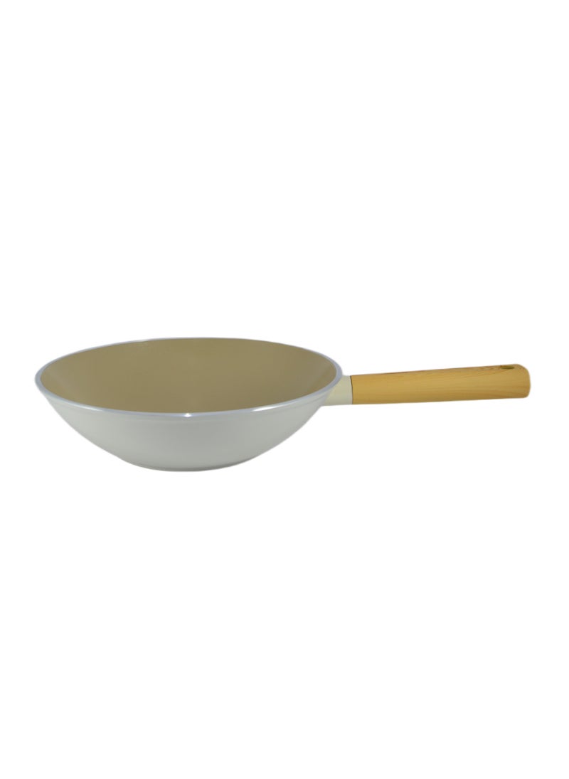 Homemaker Swiss Crystal High Quality Ceramic Coating Non-Stick Wok Pan - 28cm - Natural Wood Handle - Beige  - Image 3