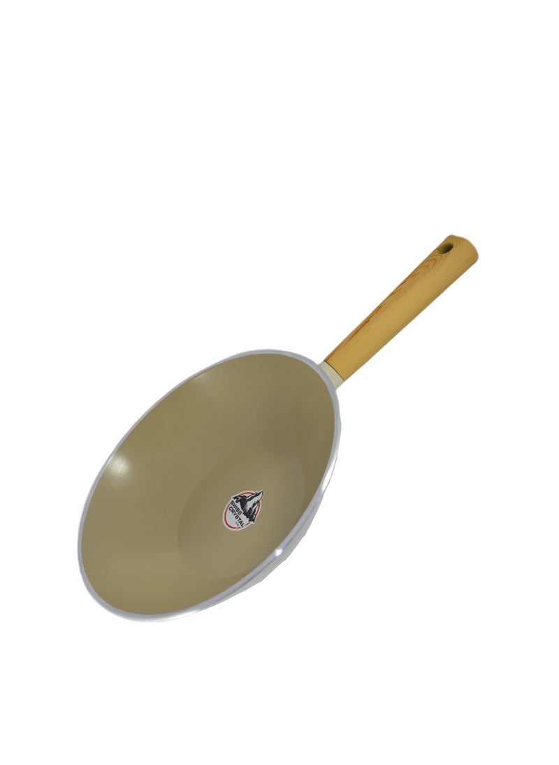Homemaker Swiss Crystal High Quality Ceramic Coating Non-Stick Wok Pan - 28cm - Natural Wood Handle - Beige  - Image 4