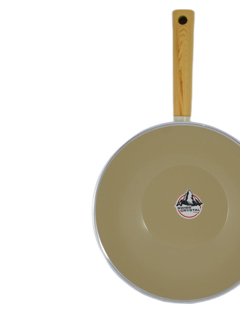Homemaker Swiss Crystal High Quality Ceramic Coating Non-Stick Wok Pan - 28cm - Natural Wood Handle - Beige  - Image 5