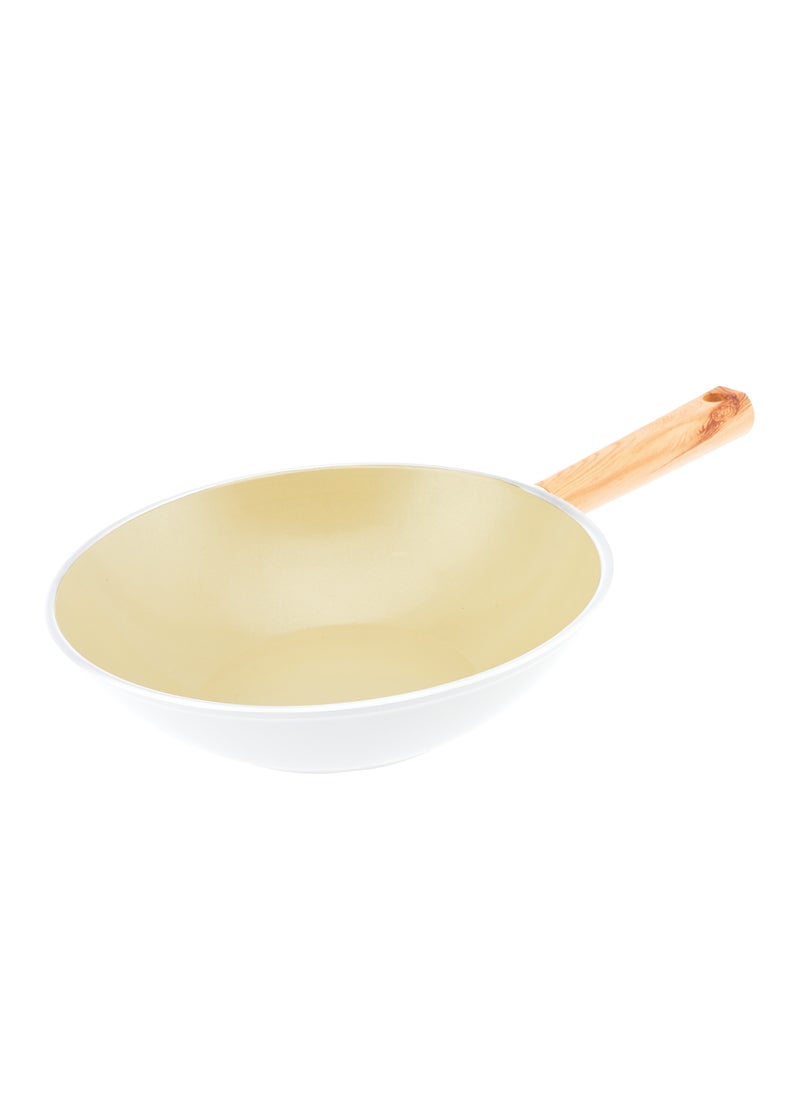 Homemaker Swiss Crystal High Quality Ceramic Coating Non-Stick Wok Pan - 28cm - Natural Wood Handle - Beige  - Image 1