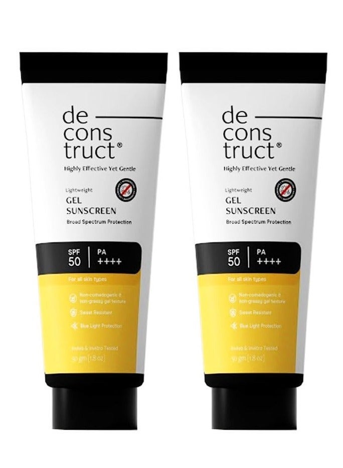 ديكونستركت واقي شمس هلامي (جل) للبشرة الدهنية بمعامل حماية SPF 50 PA++++ | واقي شمس ثابت ضوئياً بنسبة 100% | يحتوي على 4 مرشحات للأشعة فوق البنفسجية من الجيل الجديد | مُختبر سريرياً (In-Vivo) | خفيف الوزن وجيد التهوية وغير دهني | مناسب للبشرة الدهنية والمختلطة والعادية | للرجال والنساء - عبوة مزدوجة (50 جم × 2) - Image 1