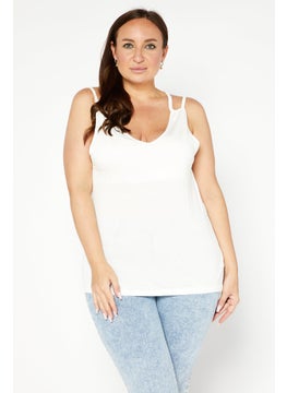 Women V-Neck Sleeveless Plain Tank Top, Off White