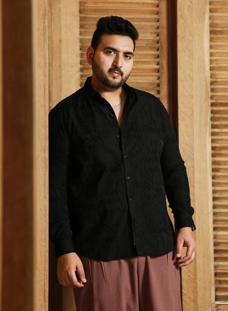 Instafab Plus Instafab Plus Men's Onyx Black Aztec-Weave Shirt For Casual Wear | Spread Collar | Long Cuffed Sleeves | Button Closure | Plus Size Shirt Crafted With Comfort Fit For Everyday Wear