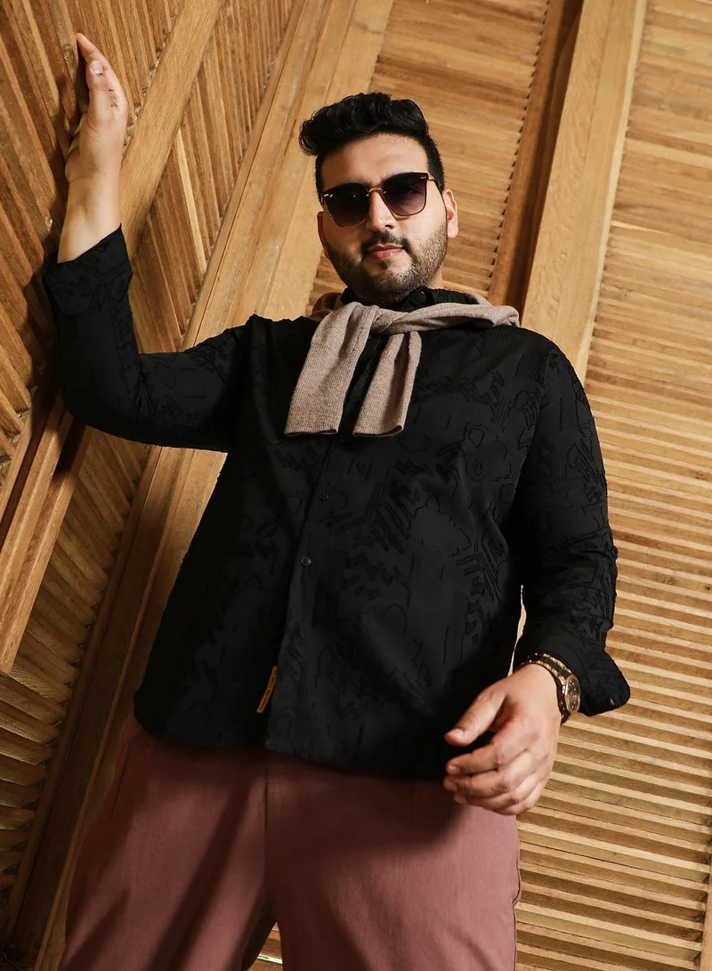 Instafab Plus Instafab Plus Men's Onyx Black Aztec-Weave Shirt For Casual Wear | Spread Collar | Long Cuffed Sleeves | Button Closure | Plus Size Shirt Crafted With Comfort Fit For Everyday Wear
