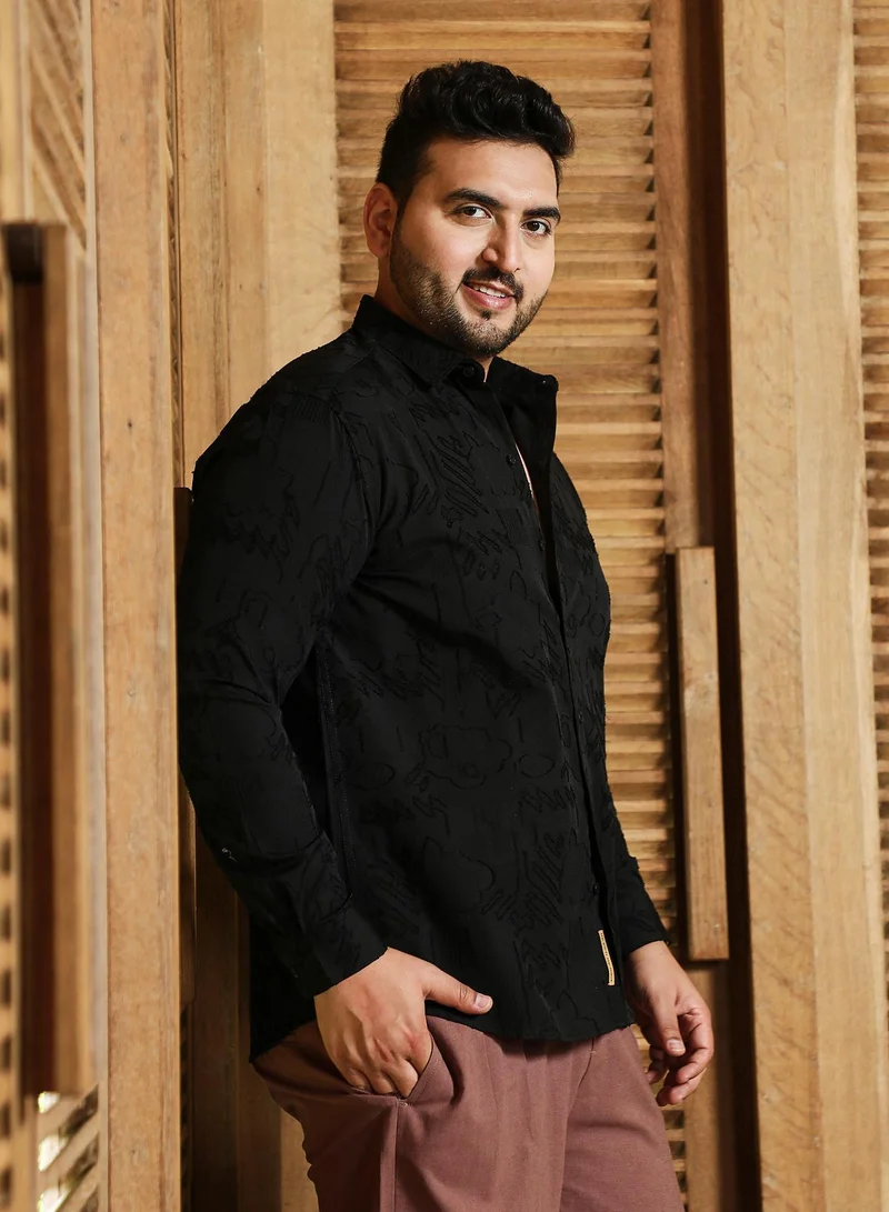 Instafab Plus  Instafab Plus Men's Onyx Black Aztec-Weave Shirt For Casual Wear | Spread Collar | Long Cuffed Sleeves | Button Closure | Plus Size Shirt Crafted With Comfort Fit For Everyday Wear for Men | Best Price UAE