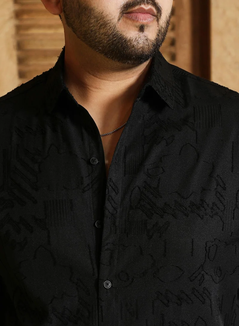 Instafab Plus  Instafab Plus Men's Onyx Black Aztec-Weave Shirt For Casual Wear | Spread Collar | Long Cuffed Sleeves | Button Closure | Plus Size Shirt Crafted With Comfort Fit For Everyday Wear for Men | Best Price UAE