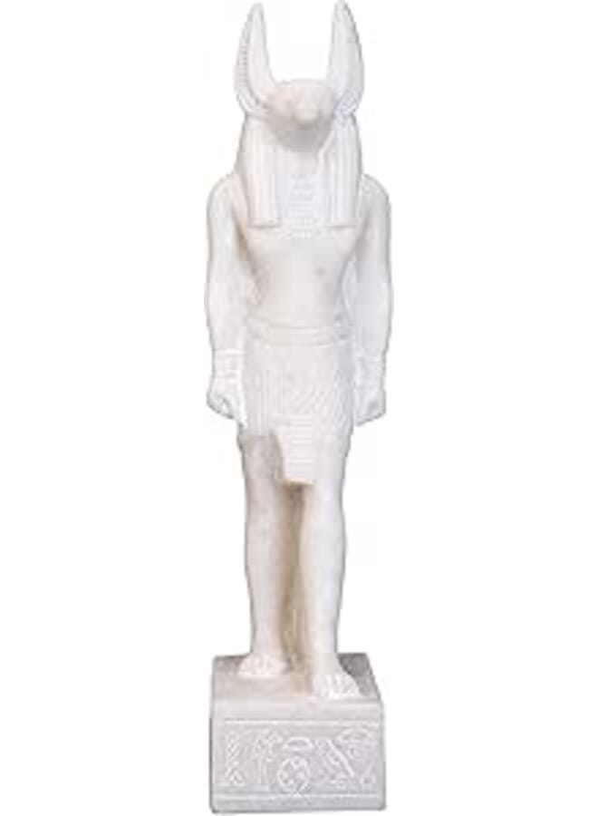A unique ancient Egyptian statue of Anubis Jackal God of afterlife and mummification standing with jackal head and human body. Handmade in Egypt from Alabaster stone.