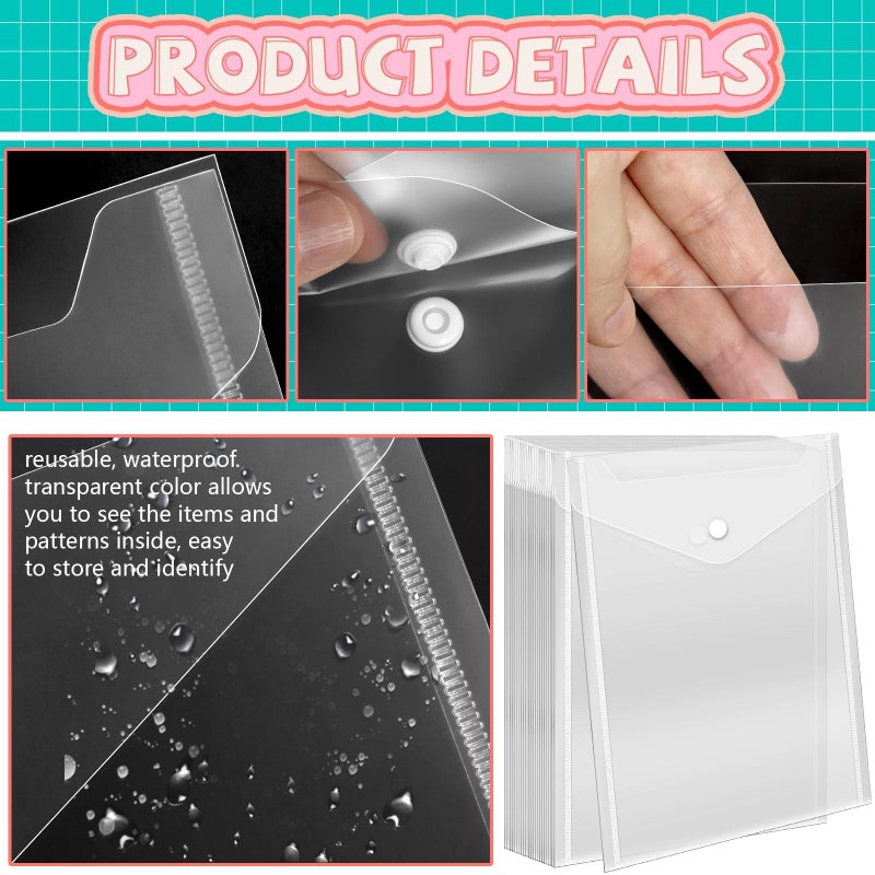 Vmiapxo 20 Pcs Plastic Envelopes with Snap Closure, Stamp and Die Storage Pockets, Waterproof Clear Envelope Pouch as Sticker Organizer, Receipt Holder, Photo Storage Folders (7x9.4 Inch) - Image 3