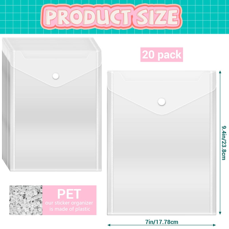 Vmiapxo 20 Pcs Plastic Envelopes with Snap Closure, Stamp and Die Storage Pockets, Waterproof Clear Envelope Pouch as Sticker Organizer, Receipt Holder, Photo Storage Folders (7x9.4 Inch) - Image 2
