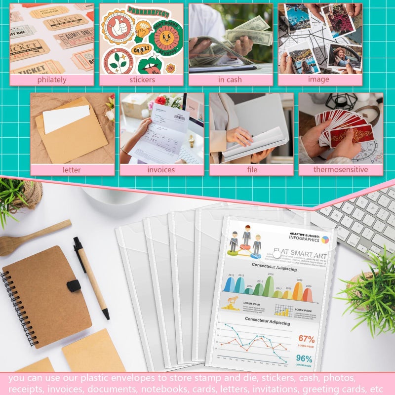 Vmiapxo 20 Pcs Plastic Envelopes with Snap Closure, Stamp and Die Storage Pockets, Waterproof Clear Envelope Pouch as Sticker Organizer, Receipt Holder, Photo Storage Folders (7x9.4 Inch) - Image 4